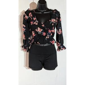 Divided H&M Floral Ruffle Trim Blouse Long Sleeve Off Shoulder Crop Top Small 4